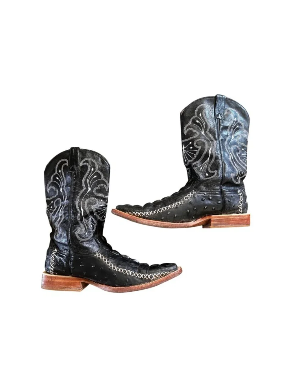 Tino Boots Leather Alligator Print Cowboy Boots Mens 10 Blak Embroidered Western
